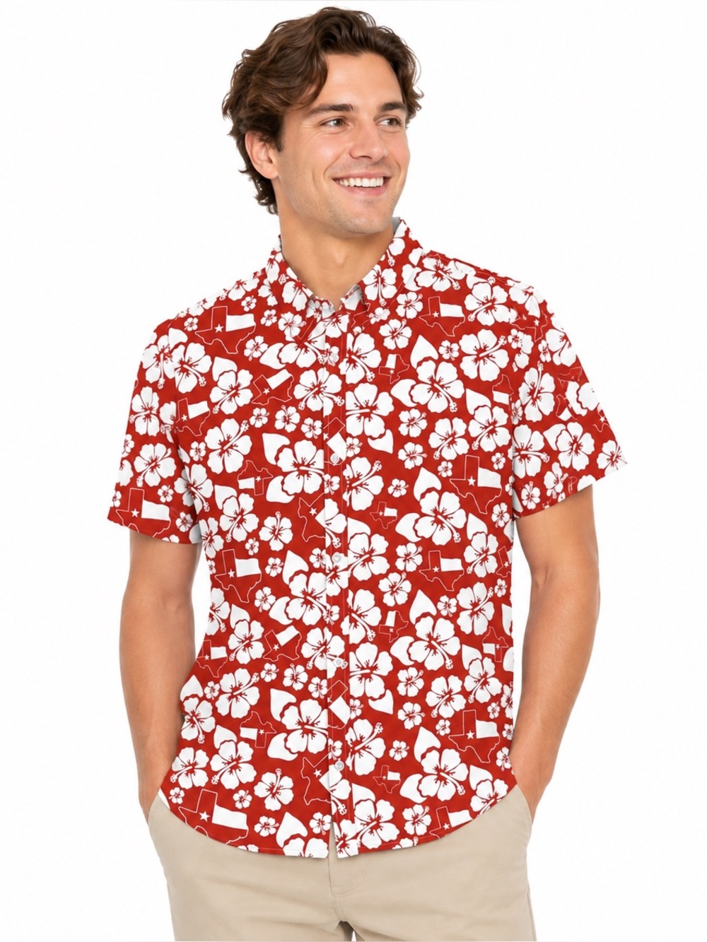 Creative Apparel Concepts Texas Hawaiian Button-Up Shirt Red White Floral NWT